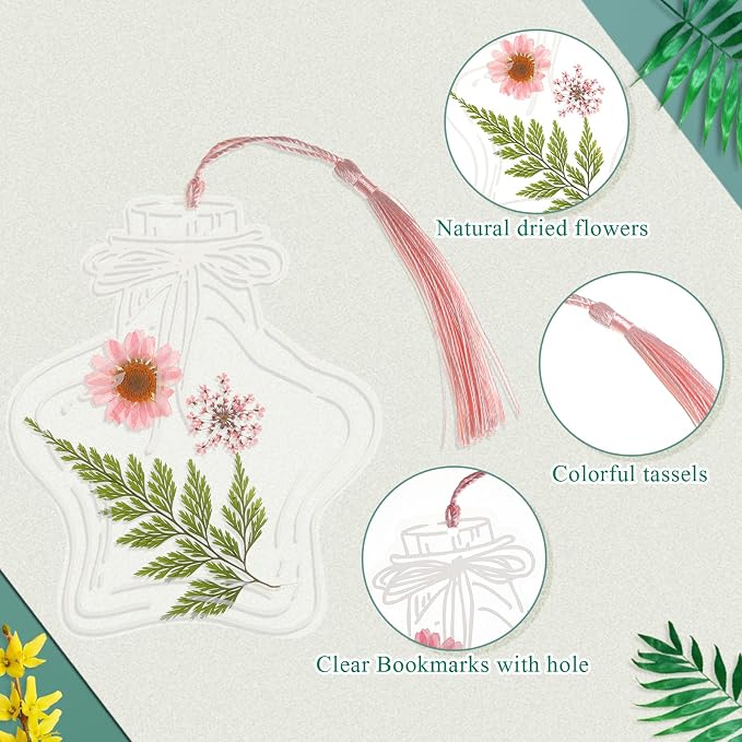 TaoBary 161 Pcs DIY Transparent Dried Flower Bookmark Set Include Clear Bookmarks Dried Flowers Colorful Tassels and Tweezer Handmade Dried Floral Bookmark for Reader Book Bottle(Delicate)