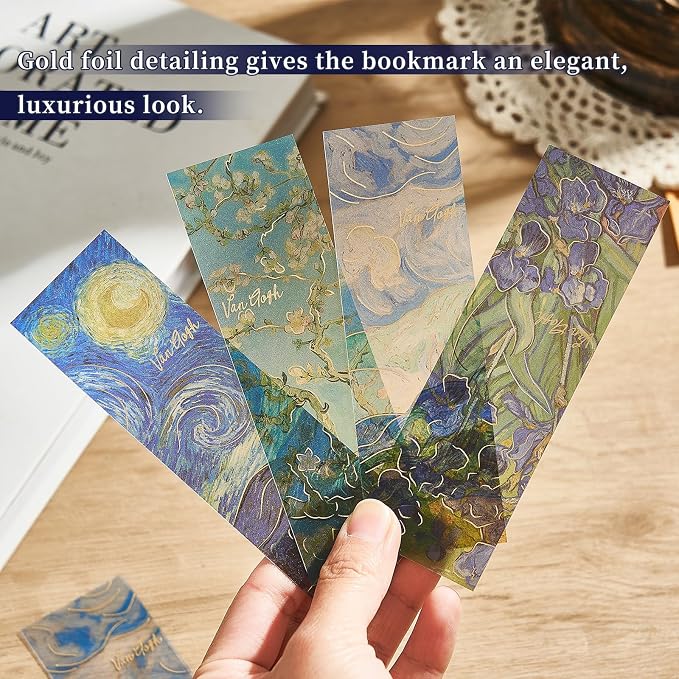 4PCS Fantasy Bookmarks, 5" × 1.5" Gold Foil PVC Book Marker, Van Gogh Inspired Bookish Gifts for Book Lovers