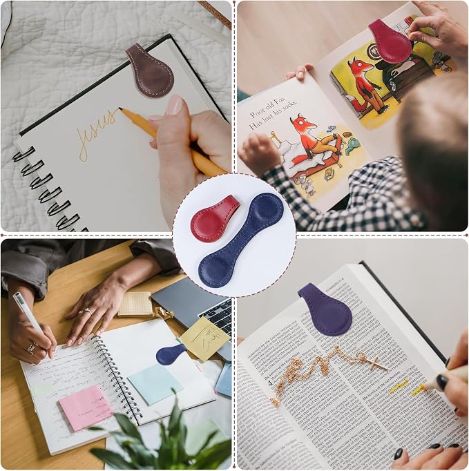 JIXZEN Magnetic Leather Bookmark for Reading Women, 4 PCS Timeless Leather Magnetic Book Marks for Women Book Lovers, Reading Men, Kids, Teachers with Elegant Gift Box (Coffee, Red, Blue, Purple)