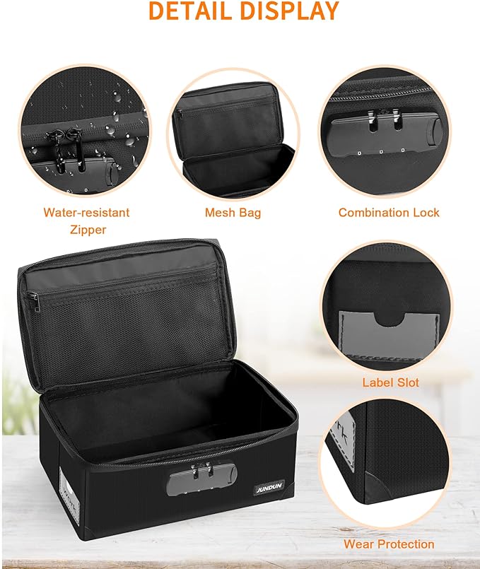 JUNDUN Fireproof Index Card Holder with Lock | Fits 1200 3x5-Inch Flash Cards, Business, Recipe, or Note Card Collapsible Storage Box, Black