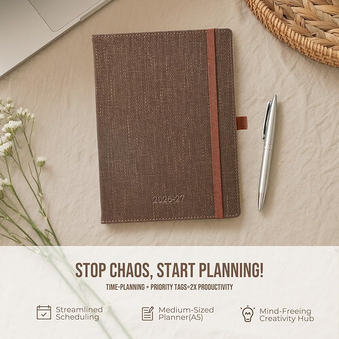 Planner 2026-2027 Weekly & Monthly Planner, 18 Month Academic Calendar July 2026 – Dec 2027, Horizontal Layout with Monthly Tabs, Textured Fabric Hardcover, Coffee
