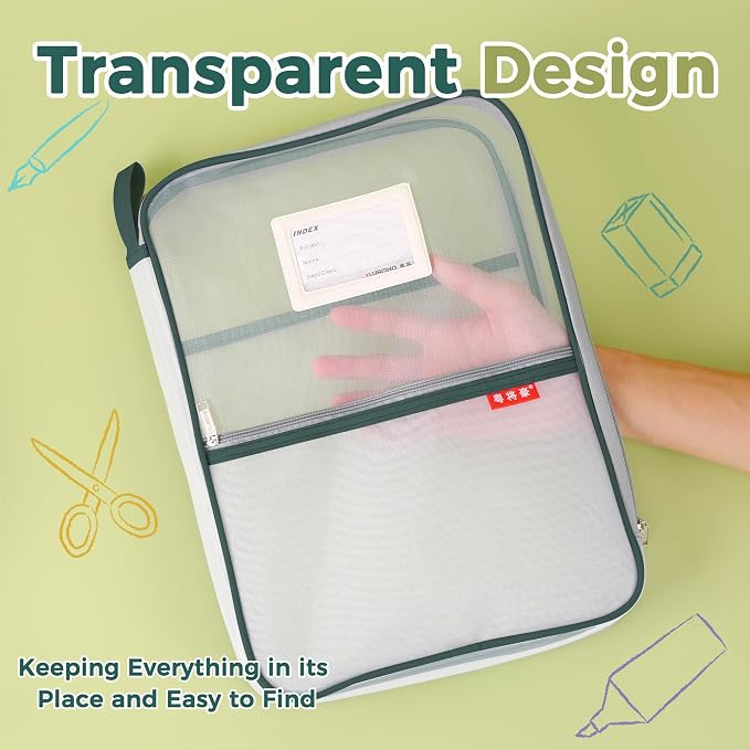 Pendancy Mesh Zipper Pouch 14.8x10.8 in Transparent Lightweight Nylon File Folders, A4 Size Multi-Layer Subject Document Organizer Accessories Storage Bag for Office and School Supplies(Green)