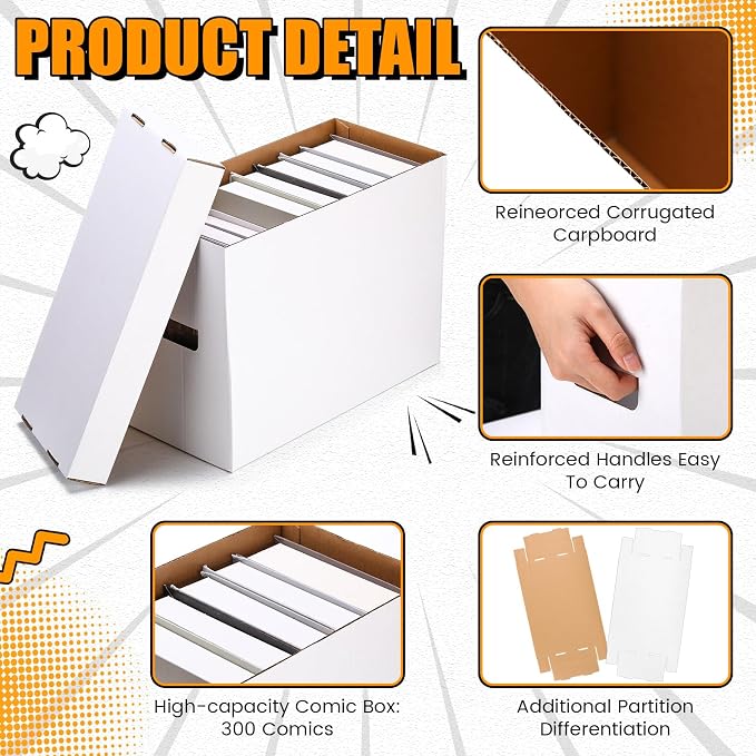 Fuyoooo 3 Pack Comic Book Storage Boxes, Holds 150-175 Comics, 15.4 x 7.5 x 11.4 Inch Stackable White Comic Short Bin Organizer Cardboard Box for Collapsible Magazine Book Collecting Supplies