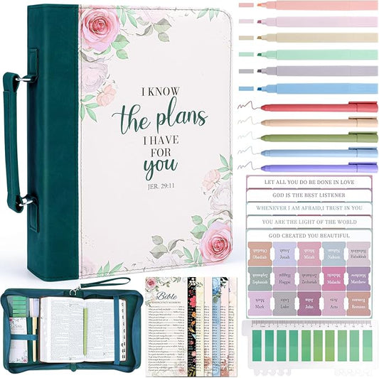 XKDOUS 24 Pcs Bible Covers Kit for Women Large Carrying Book Holder with Handle, Tabs, Bible Study Supplies Case Organizer Leather Bible Bag Christian Gifts for Mom Lady Friends