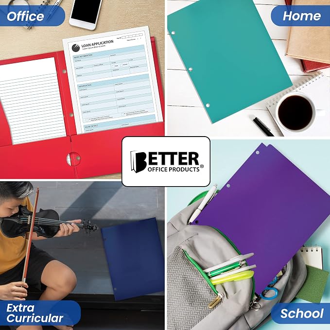 Better Office Products 4 Pocket Plastic Folders (6 Pack), 3 Hole Punch, Extra Sturdy Plastic Folders, Assorted Primary Colors, Letter Size
