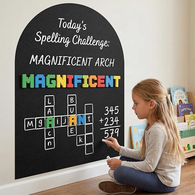 Large Magnetic Chalkboard for Wall: 23.6"x39.4" Arch Decal - Screen-Free Homeschool Board for Kids Spelling & Math, Peel and Stick Magic Play Wall (Black)