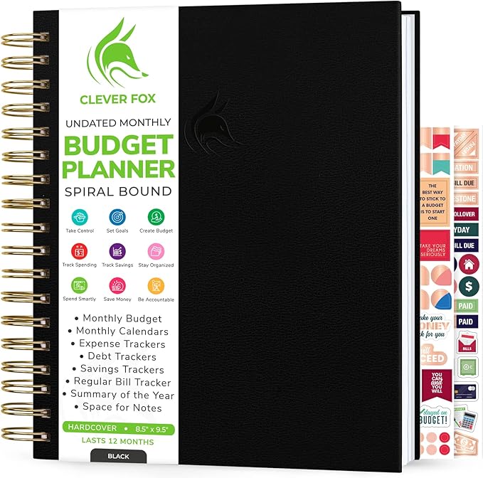 Clever Fox Budget Planner – Coiled Finance Book, Monthly Financial Journal, Budgeting Organizer & Expense Tracker Notebook, 8.5x9.5″ (Black)