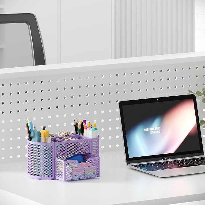 EasyPAG Mesh Pen Holder Desk Organizer with Drawer Stationery Supplies Organizer for Dorm School 9 Compartments Workspace Desk Accessories Organization for Office, Light Purple
