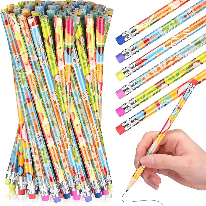 Fainne 144 Pcs Beach Themed Summer Pencils with Eraser Bulk Hawaiian Party Favors Cool Summer Novelty Fun Wooden Colorful Pencils for Class School Office Supplies Reward Prize Party Gifts, 6 Style