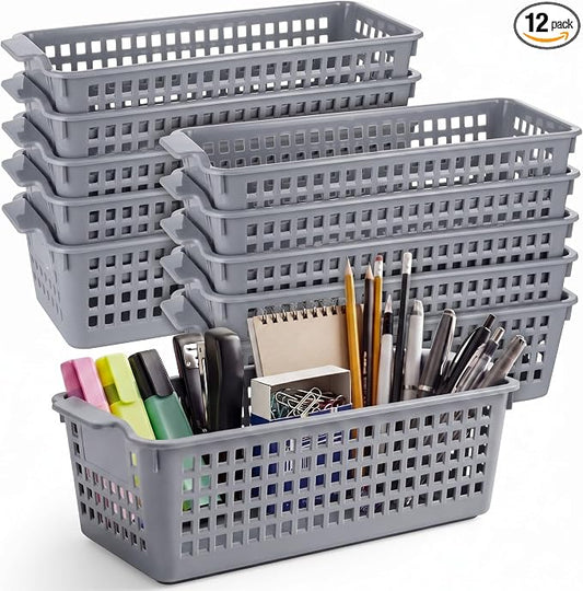 Domensi Gray 12 Pcs Slim Plastic Storage Baskets for Organizing 11.6" x 5" x 3.4" Small Narrow Storage Bins with Handles & Label Area Thin Pencil Trays for Bathroom Drawer Office Desk Closet