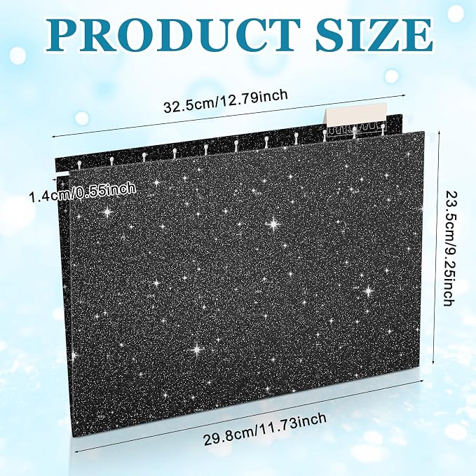 25 Pcs Black Hanging File Folders 12 x 9.25'' Glitter Hanging Folders with 25 Paper 1/5 Cut Adjustable Tab and 25 Plastic Tab for Medical Charts Office Desktop