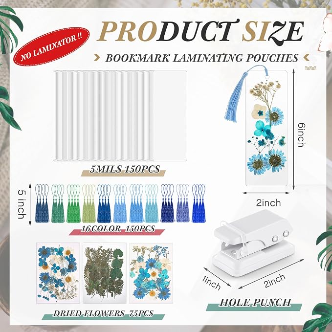 Fuyoooo 376 Pcs Dried Flower Bookmark Making Kit, DIY Bookmark Laminating Pouches with Tassels and Puncher, Handmade Craft Kit for Women, DIY Gifts for Book Lovers (Blue,2 x 6 Inch)