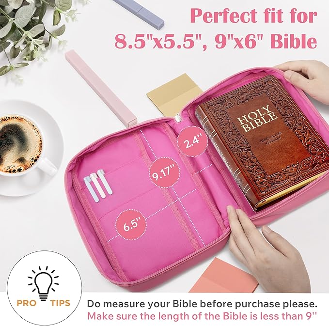 Small Bible Cover Case for Women and Men, 9x6 PU Leather Bible Sleeve, Compact Travel Bible Carrier Bag with Front Pen Holders, Zipper Closure, Inner Pockets - Hot Pink
