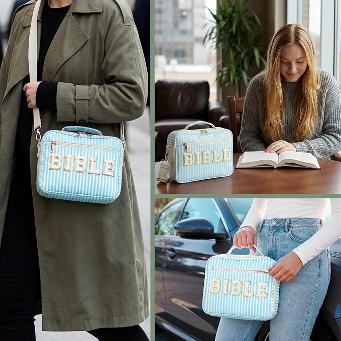 Dansydaisy Bible Cover Case for Women Large Chenille Letter Stripe Church Bible Bag with Shoulder Strap for Women(Sky Blue)