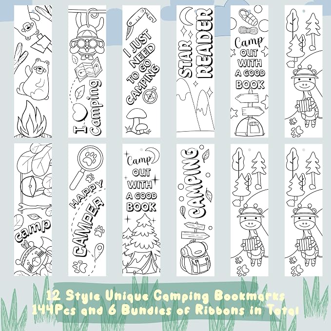 ANGOLIO Camping Party Coloring Bookmarks - 150P Color Own Camp Bookmarks Kids DIY Blank Crafts Party Game Prize Art Craft Big Pack Supplies Back to School Book Fillers Classroom Read Club Rewards