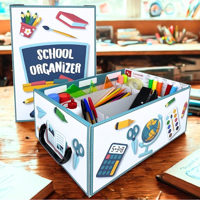 Lavatelli: School Organizer Box - Lid & Handles, Decorative Cardboard Storage, Dividers, Pen Holder, Classroom-Home-Office-Desk, 12.8 x 8.9 x 5.9