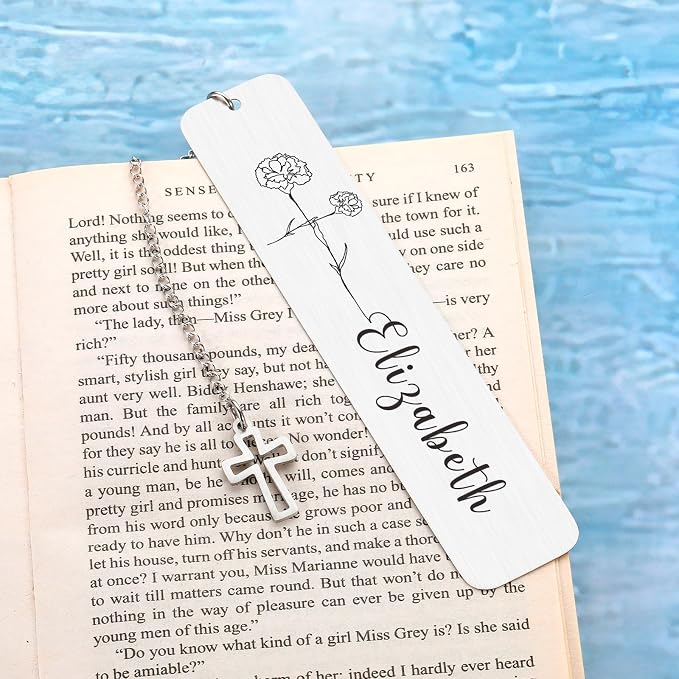 Personalized Bookmarks for Women Book Lover Birth Flower Birthday Customized Gifts for Reading Her Daughter Friends (Religious Cross Birth Flower)