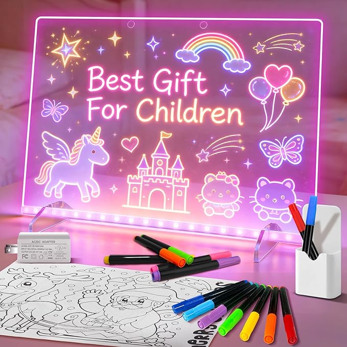 Led Drawing Board with 13 Lighting Effects, 13.7"X10" Doodle Glow LED Note Board, Gift Toy for Kids/Girls/Teens, Arts & Crafts for Girls and Boys with Fluorescent Pen 14 Colors
