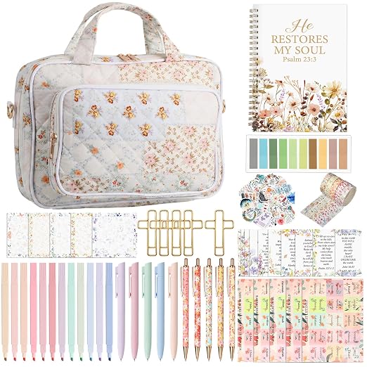 Capoda Bible Cover Case for Women, Bible Tote Bibles Study Supplies with Notebook Highlighters Ballpoint Pen Sticky Notes Scripture Card for Christian Gifts Women Mom Girls (Spliced Flower,Orange)