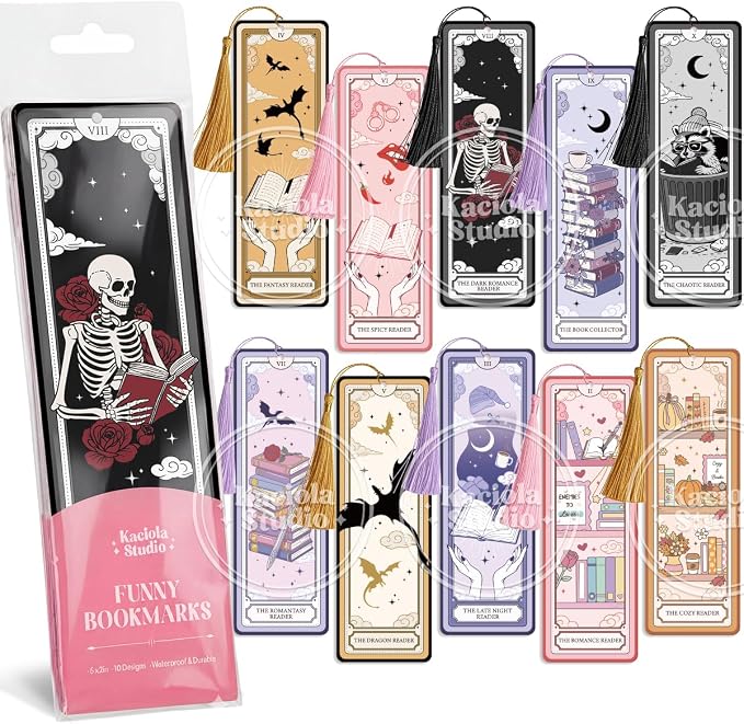 Kaciola Studio 10PCS Tarot Bookmarks, Funny Bookmarks for Women, Double Sided Fantasy Booklover Gifts, Cute Gifts for Romance Reader Friends Girls (Skeleton)