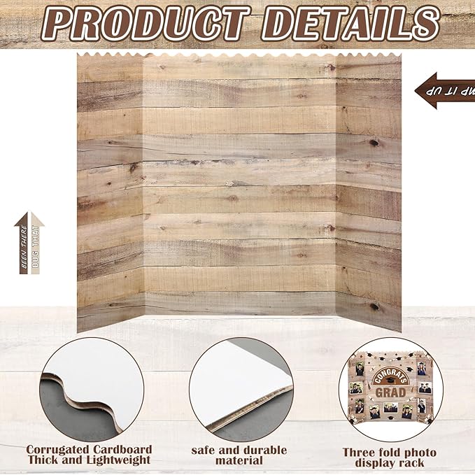 3 Pack Large Graduation Trifold Poster Board 40 x 28 Inch Wood Grain Photo Display Board Rustic Vintage Corrugated Project Boards for 2026 Grad Party Decoration Picture Collage Supply