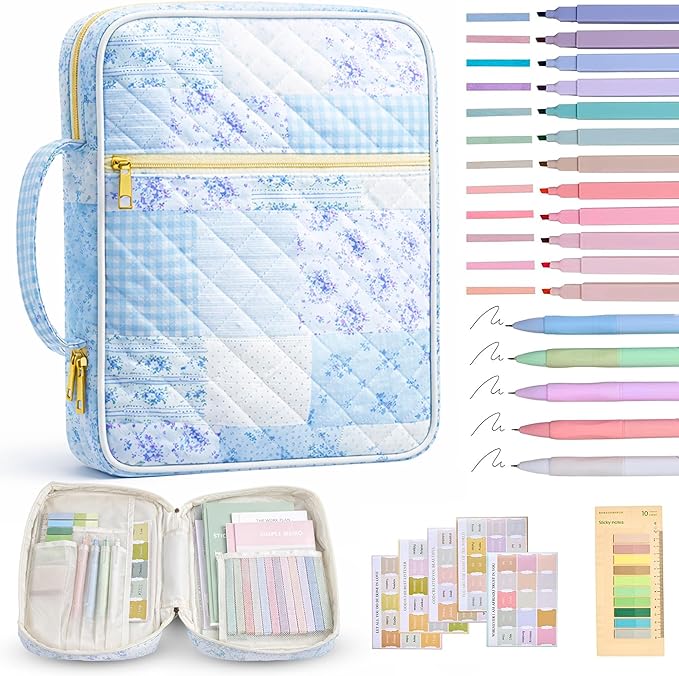 Bible Bag for Women, Bible Cover Case with Study Supplies,Large Quilted Bible Bag with Handle and Zipper, Suitable for Christian Books-Christian Gift for Girls(Blue Patchwork Flowers)