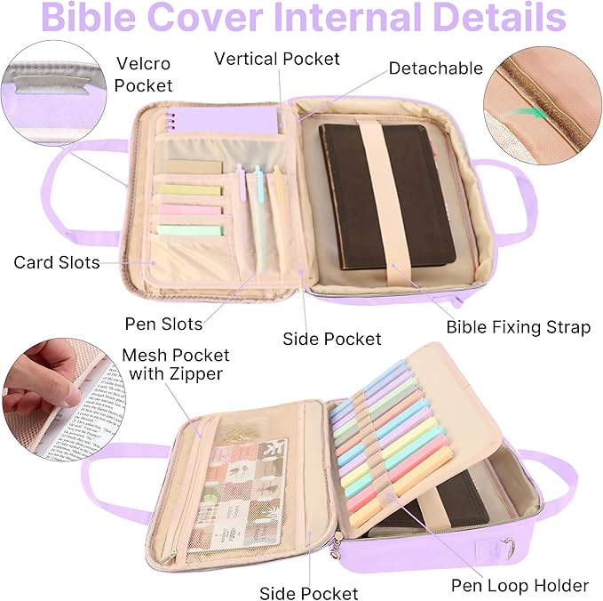 PUGPIU Bible Cover Case for Women, Large Quilted Bible Bag with Shoulder Strap and Handle, Bible Study Supplies Journaling Kit with Highlighters Pens No Bleed Tabs Notebook Cross Clips (Light Purple)