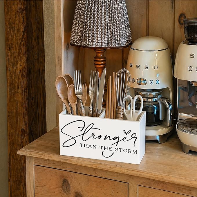 Inspirational Pen Pencil Holder for Desk, Inspirational Gifts for Women Men, Stronger Than the Storm Motivational Pencil Holders Wooden Box Organizer for Home Office Desk Tabletop
