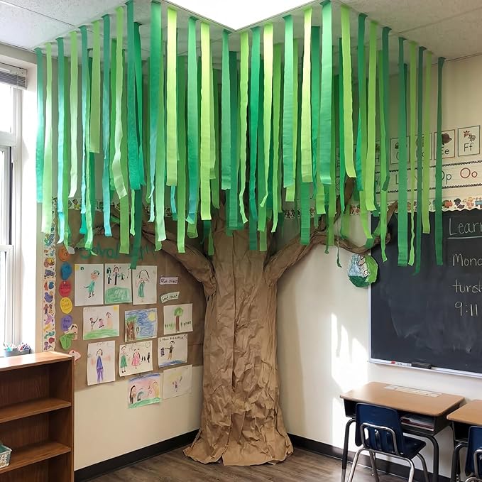 Watersay Classroom Tree Bulletin Board Decorations Set 196 ft Green Crepe Paper 98 ft Brown Kraft Paper Roll DIY 3D Cardboard Tree Woodland Bulletin Board Wall Decoration for School Teacher Chalkboard