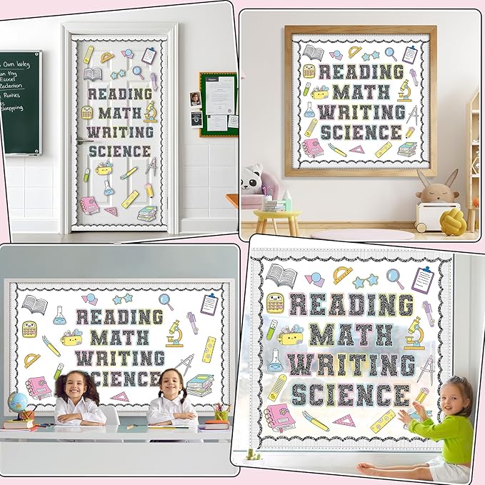 Core Subjects Bulletin Board Set Composition Notebooks Classroom Decoration Reading Math Writing and Science Bulletin Board Core Subjects Pattern Signs Cutouts for Back to School Chalkboard Wall Decor
