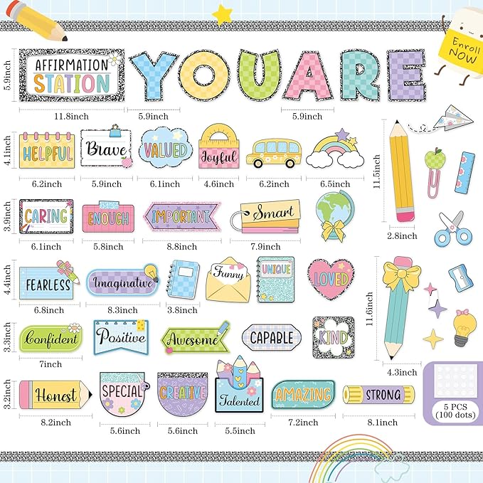 45pcs Colorful Composition Affirmation Station Bulletin Board Set Motivational Posters Classroom Mirror Growth Mindset Decor Positive Affirmations Accents Cutouts for School Office Home Wall
