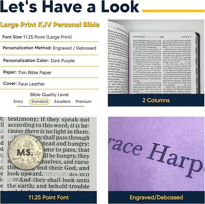 Personalized KJV Reference Holy Bible Purple Faux Leather Large Print Size with Index Tabs | Custom with Name, Date or Text | Gift for Christian & Religious Celebrations