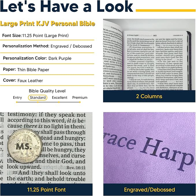 MerchSalad Personalized KJV Reference Holy Bible Purple Faux Leather Large Print Size with Index Tabs | Custom Name at the Lower Right Side | Gift for Christian & Religious Celebrations