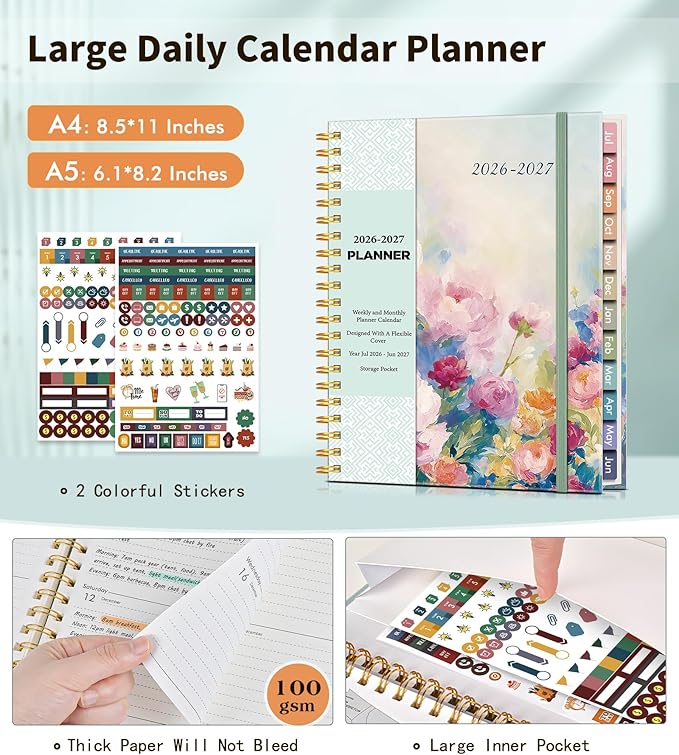 Academic Planner 2026-2027, Weekly and Monthly Calendar Planner from July 2026 - June 2027, 8.5" x 11" A4 Large Daily Agenda Book with Tabs, Flexible Cover, College School Organizer for Student Teacher, Watercolor Floral