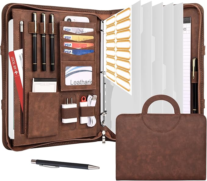 Leathario Portfolio Binder, Includes 5 Folder Index Dividers, 13 Inch Tablets Organizer with Handle, Vegan Leather A4 Padfolio, Multi-Pocket Notepad Business Planner Professional Document