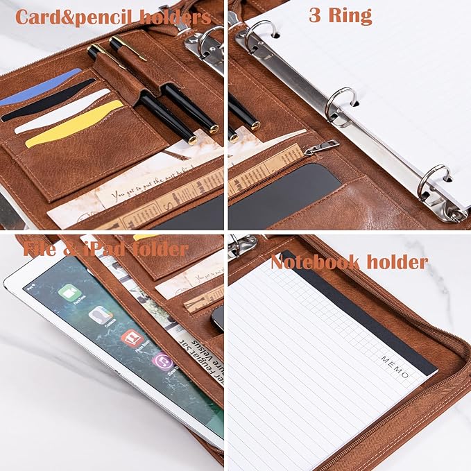 Calfinder 3 Ring Portfolio Binder with Zipper,Leather Portfolio for Men,Padfolio for Women,Professional Business Portfolio Organizer for Resume/Interview, A4 Letter Document Organizer