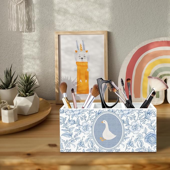 Blue and White Floral Goose Pen Holder for Desk, Chinoiserie Flower Goose Pencil Organizer, Grand Millenial Animal Wooden Box Sign Desk Decor for Girl Nursery Home Office Decoration
