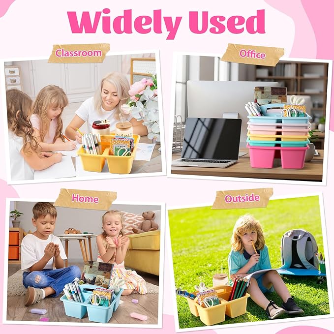 6 Pack 3 Compartment Small Caddy Plastic Classroom Organizer with Handle Portable Teacher Supply Storage Caddy Craft Art Caddies for Pencil, Crayon, Marker, Home, Office, School Supplies(Pastel)