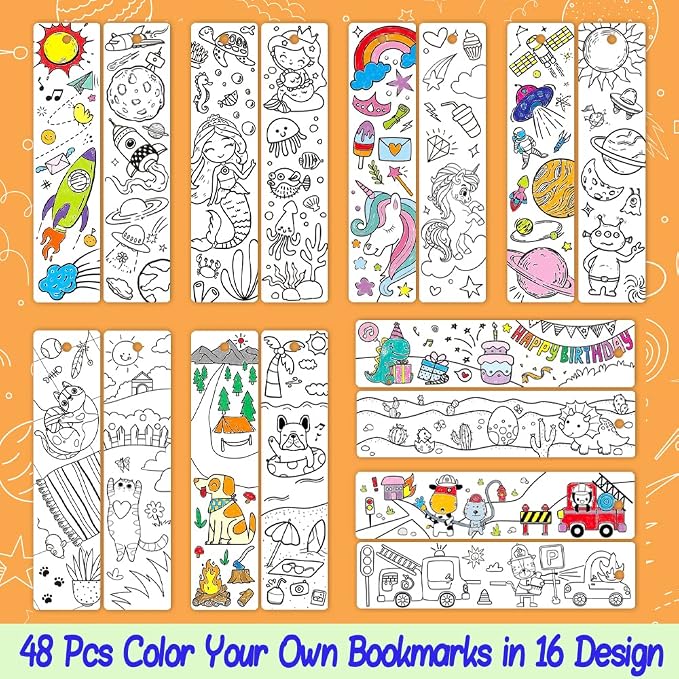 48 PCS Cute Bookmarks for Kids Bulk DIY Coloring Blank Color Your Own Bookmarks for Kids Teacher Classroom Party Game Prize Art Craft Birthday Supplies Reading Club Rewards