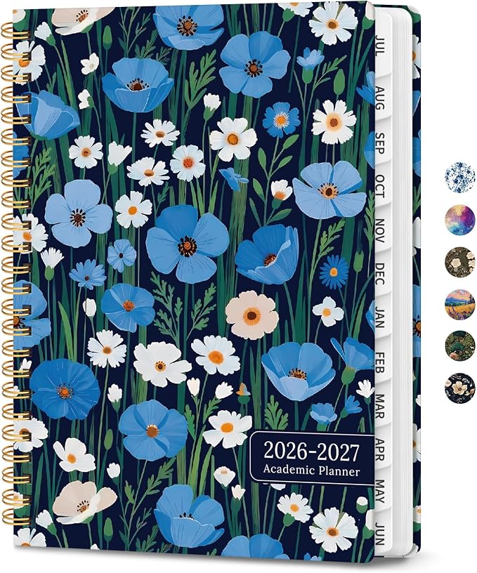 Planner 2026–2027, Academic Planner Weekly and Monthly Calendar Jul 2026 – Jun 2027 Hardcover Planner with Tabs and Pocket, Spiral Bound Agenda Book for Student & Teacher, 6.3" x 8.5", Blue Poppies