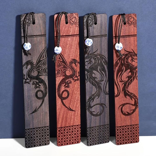 4Pcs Dragon Bookmark Gift, Wood Bookmark for Men Cool Book Marks Box Set Fantasy Christmas Gifts for Men Adults Kids (Dragon)