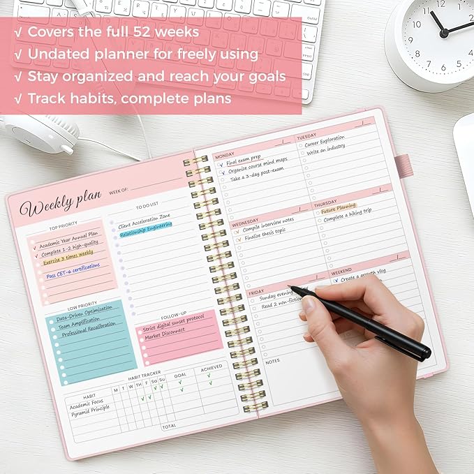 Oucaru Undated Weekly Planner, 8.5"x11", A4 Size To Do List Notebook with Goal & Habit Tracker Organizer, 52 Weekly Planner Notebook with Spiral Binding for Office Home School Supplies