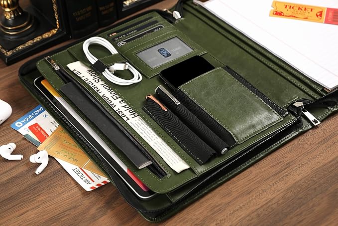 Vegan Portfolio for Men, Business Padfolio with Zipper, Vegan Leather Folio with A4 Writing Pad Holder Portfolio Organizer for Resume, Interview, Meeting - Green