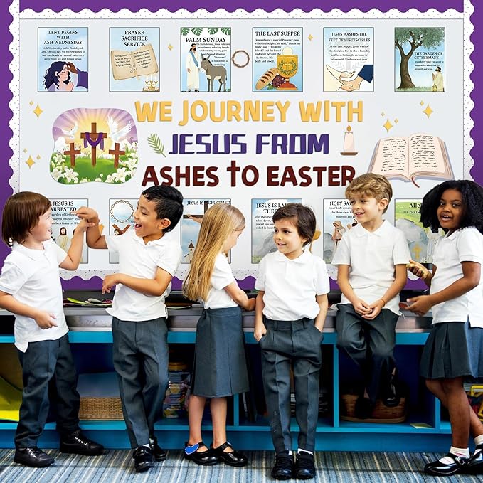 Easter Bulletin Board Decoration Set Jesus Resurrection Journey Posters from Ashes to Easter Classroom Decorations Holy Week Events Paper Cutouts for Kids Christian Chalkboard Wall Door Decor