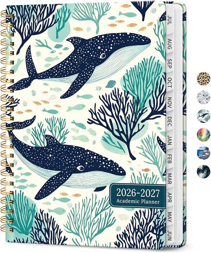 Planner 2026–2027, Weekly & Monthly Academic Organizer for School Year, Jul 2026–Jun 2027, Hardcover Planner with Tabs, Back to School Essential, 6.3" x 8.5", Drifting Whales