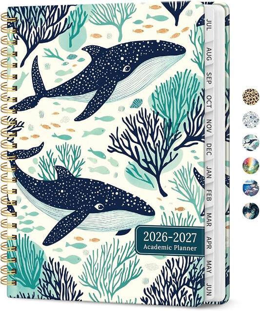 Planner 2026–2027, Weekly & Monthly Academic Organizer for School Year, Jul 2026–Jun 2027, Hardcover Planner with Tabs, Back to School Essential, 6.3" x 8.5", Drifting Whales