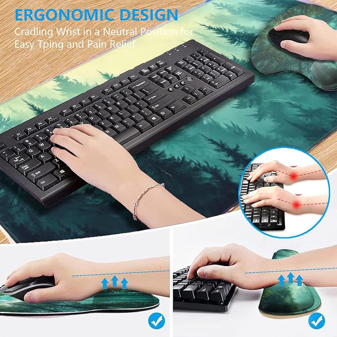 AQQA Desk Pad and Keyboard Wrist Rest,Large Mouse Pad + Keyboard Pad+Mouse Wrist Support+Coaster +Mobile Phone Holder, Non-Slip Desk Mat Protector for Office, Home(31.5×15.7 Inches,Forest Tree)