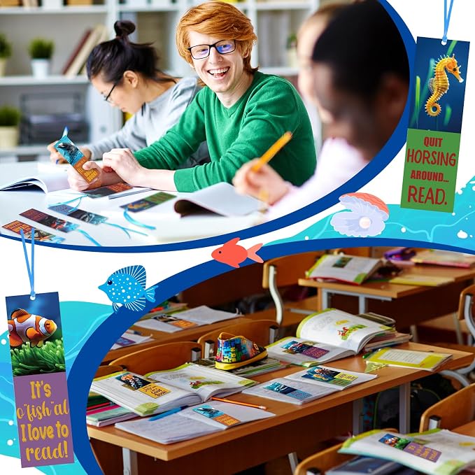 PerKoop 60 Pieces Realistic Ocean Bookmarks with Ribbon Bulk for Reading with Cute Sea Animals Encouragement Bookmarks for Students School Party Rewards Gifts