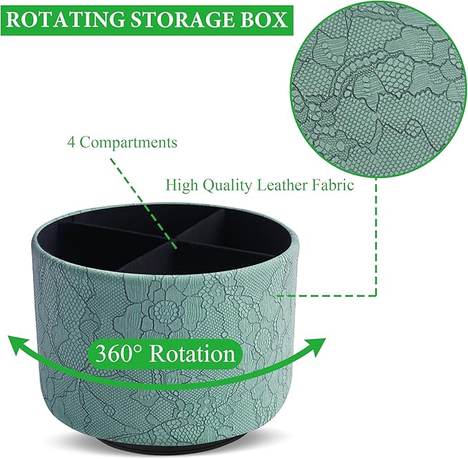Round Leather Art Supply Organizer,Remote Control Holder,360 Degree Spinning,Multi-Functional Pencil Holder,4 Compartments Desktop Stationary Organizer(1-Lace Flower Green2)
