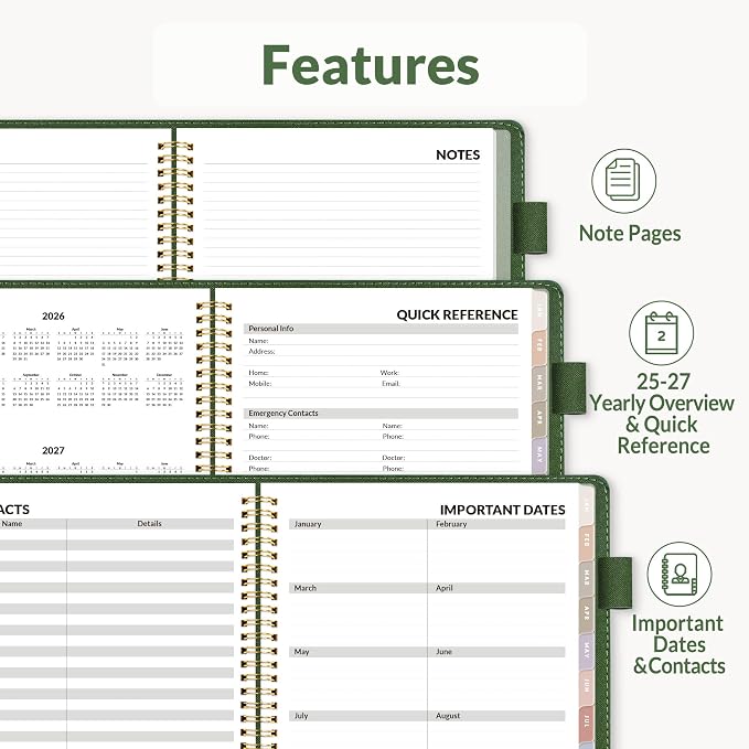 SUNEE 2026 Weekly & Monthly Planner 9"x11.2"- 12 Month (January 2026 - December 2026), Vegan Leather Cover, Pocket, Bookmark, Notes, Monthly Tab, Deep Green